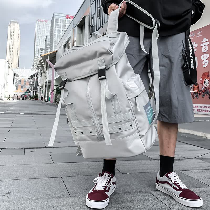 菲妙双肩包男大学生日系潮牌男士电脑背包旅行包初中生高中生书包男款 浅灰色