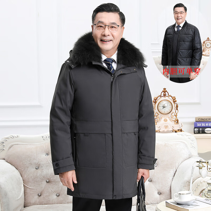 加厚活里活面爸爸羽绒服男士中长款大码毛领中老年可拆卸爷爷冬装 灰咖(带毛领) 2XL