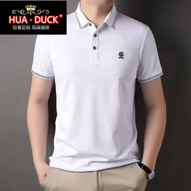 duck轻奢侈国际色短袖 男士夏季薄款潮流上衣服休闲商务翻领衫男装