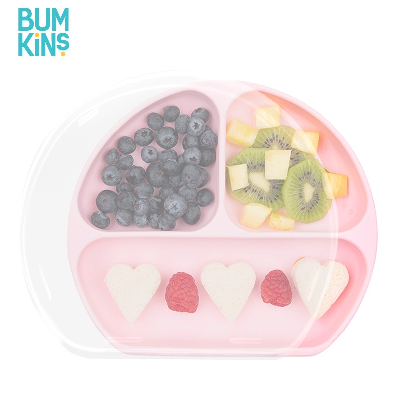 bumkins宝宝餐盘婴儿童分格吸盘硅胶餐盘粉色请问餐盘配有防尘盖吗？