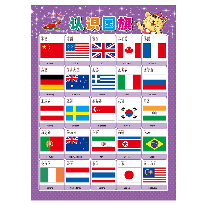 表教具挂图 1一100数字认知墙贴认识幼儿卡片早教工具 紫色 认识国旗