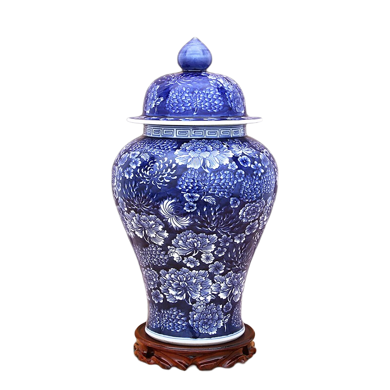 傲世景德鎮陶瓷器中式青花瓷花瓶工藝品客廳擺件博古架裝飾品瓷瓶擺設 仿古青花萬(wàn)花將軍罐+底座+證書(shū)