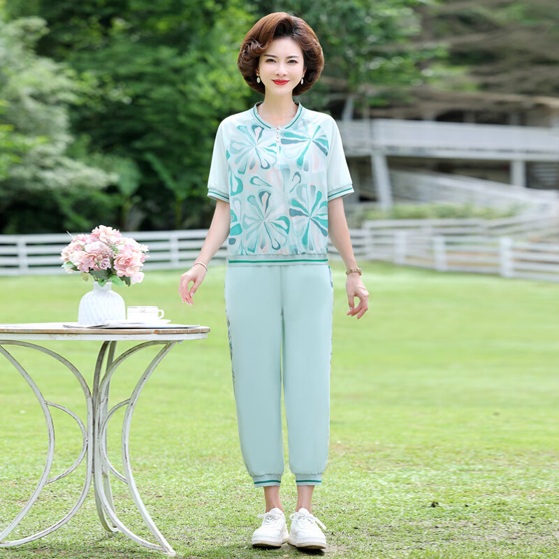 节礼物实用送妈妈衣服40岁中年新款妈妈夏装洋气短袖上衣女装 青色 xl