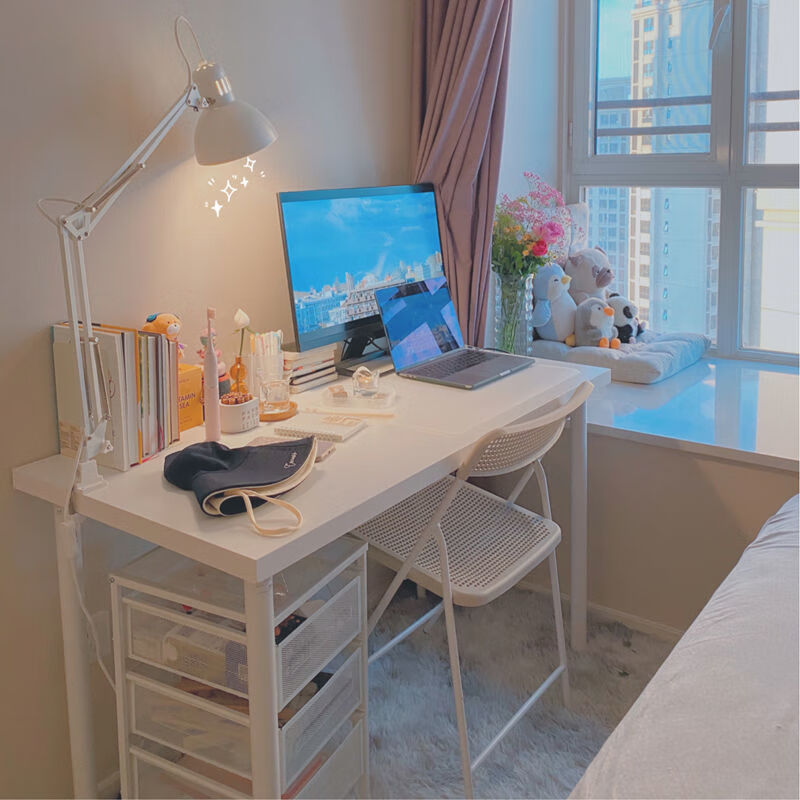 北欧电脑桌桌子学生卧室简易写字台家用ins风办公学习 白色桌面 白腿