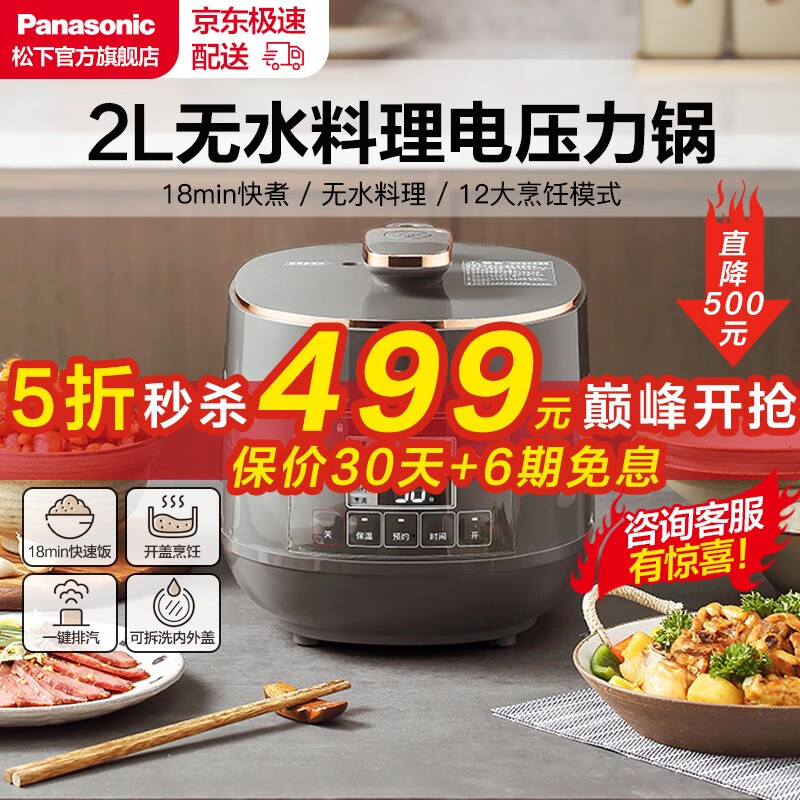 松下（Panasonic） 迷你电压力锅2L小容量家用多功能智能可拆洗开盖烹饪高颜值18min快速煮 灰色