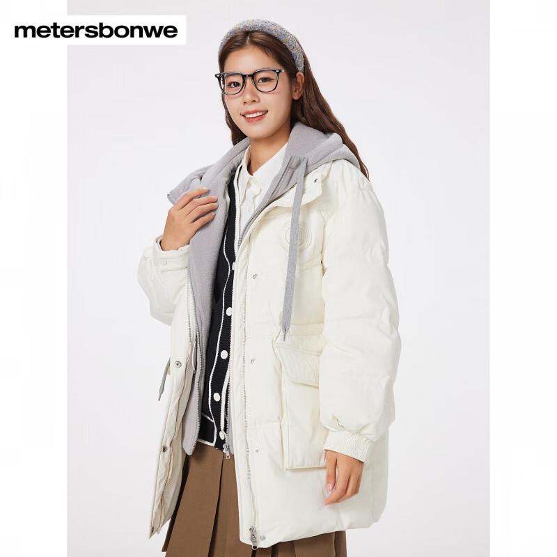 美特斯邦威羽绒服女冬季新款拼接潮流百搭中长假两件保暖外套 影黑 L 165 88A