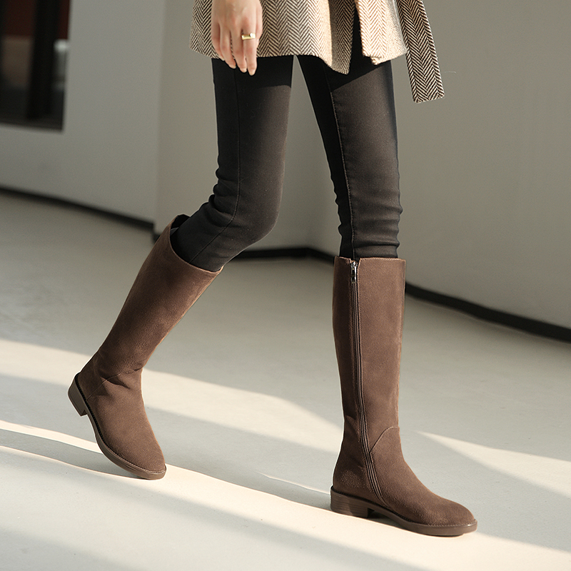 奥若文反毛皮翻毛皮长靴平底春季靴子女磨砂皮高桶靴咖啡色中筒单靴款