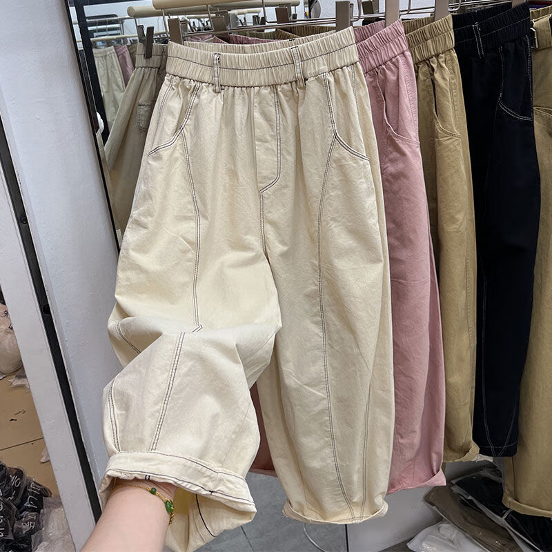 胖女人穿的松紧腰休闲裤大码超大码300斤卡其色哈伦萝卜裤女 米白色 l
