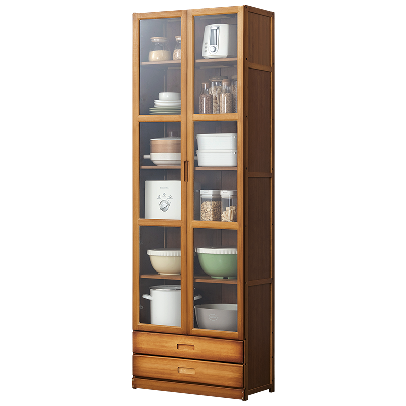 淘之良品 家用厨房置物架落地餐厅收纳简易实木碗柜多功能厨具柜微波炉碗碟架子楠竹储物架餐边柜调料柜 【透明单门】四层30长(双抽屉)