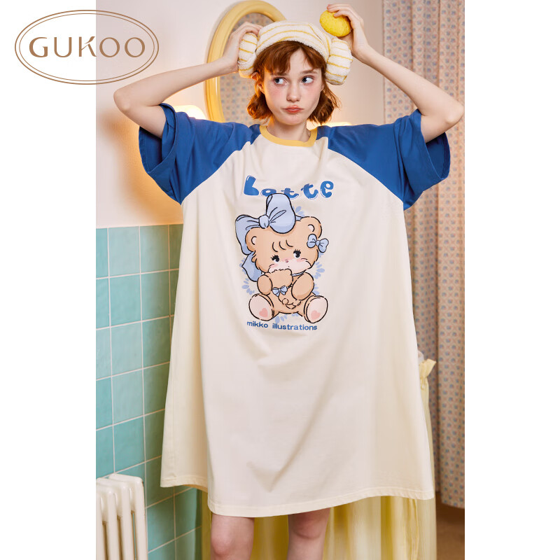 果壳（Gukoo）睡衣女夏季圆领卡通睡裙短袖插肩袖可外穿 mikko蓝白睡裙 L 