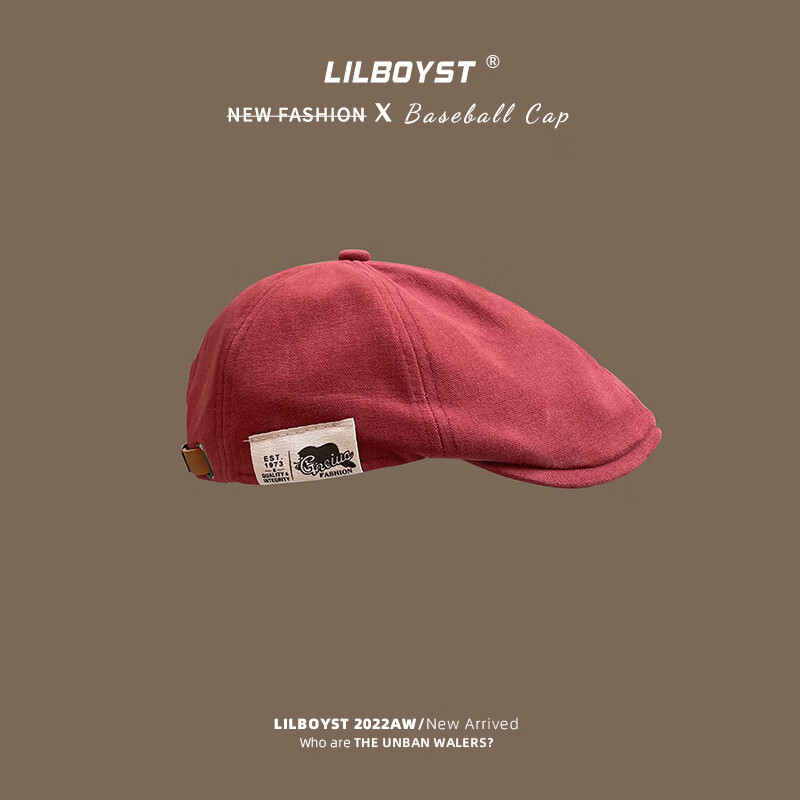 复古文艺前进帽子可调节百搭反戴英伦贝雷帽潮牌画家帽男 侧面布标