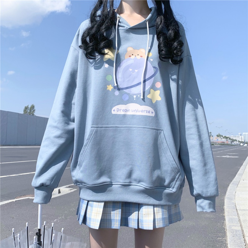 卫衣秋天衣服卡通可爱印花连帽宽松卫衣学生百搭秋装外套女 湖蓝色
