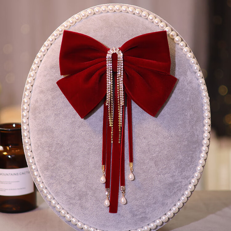 新娘发夹 在逃公主敬酒服头饰新娘2023新款酒红色丝绒大蝴蝶结订 水晶