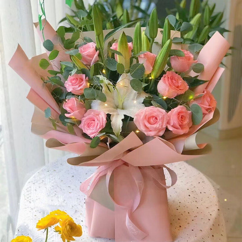 束济南青岛淄博枣庄东营烟台潍坊济宁店同城配送花 11朵粉玫瑰3支百合