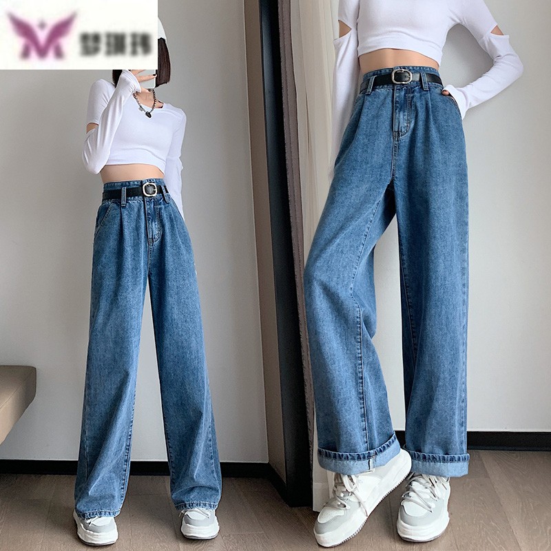 女生宽松大码牛仔裤少女春秋装2021新款初高中学生梨型身材高腰阔腿裤