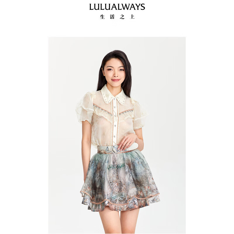 LULUALWAYS夏季新款淑女风娃娃领泡泡袖蕾丝上衣 米色 L