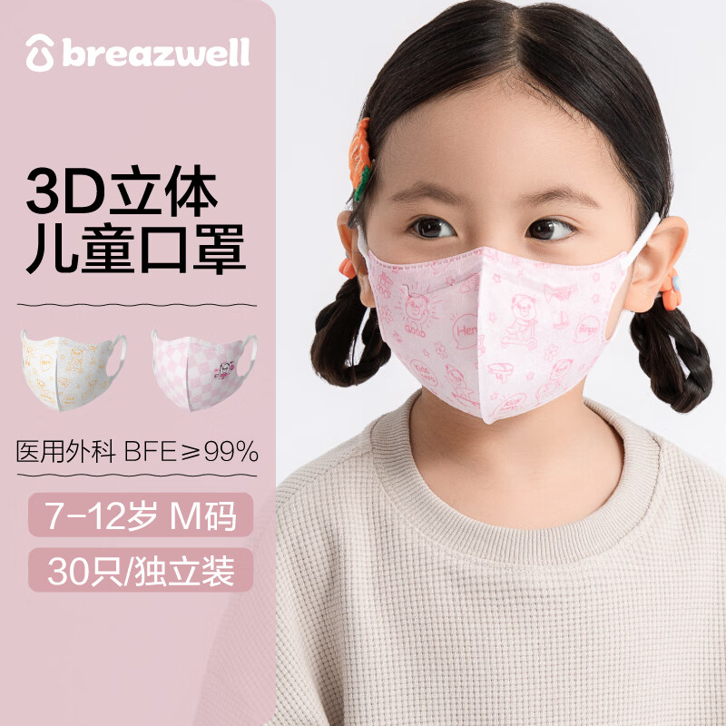 Breazwell儿童口罩医用外科3d立体透气舒适防尘灭菌一次性卡通口罩独立包装30只 M码7-12岁 梦幻小旋风