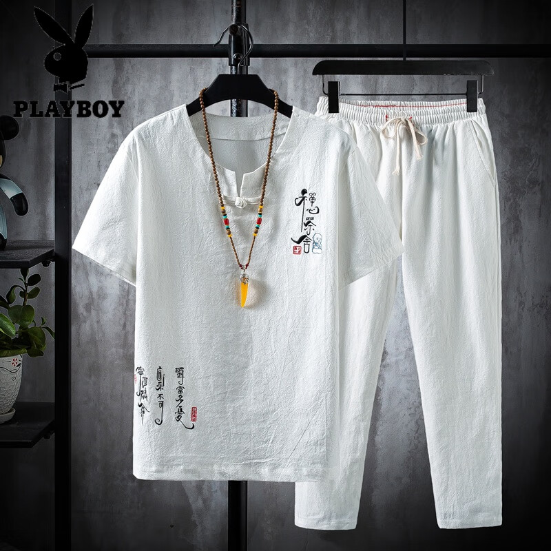 花花公子（PLAYBOY）亞麻套裝男款冰絲短袖t恤中式男裝中國(guó)風(fēng)唐裝年輕棉麻爸爸裝 TZ015白色 4XL 適合165至180斤