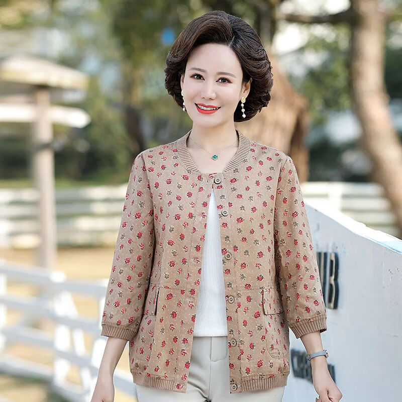mms中年妈妈春装薄款短外套棉麻外套开衫宽松中老年春秋时尚洋气上衣
