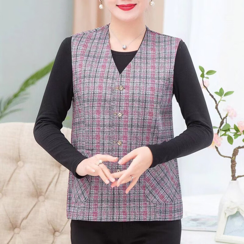 yijun)老头马甲女 妈妈春装薄外套50岁中老年女装春秋格子背心坎肩内