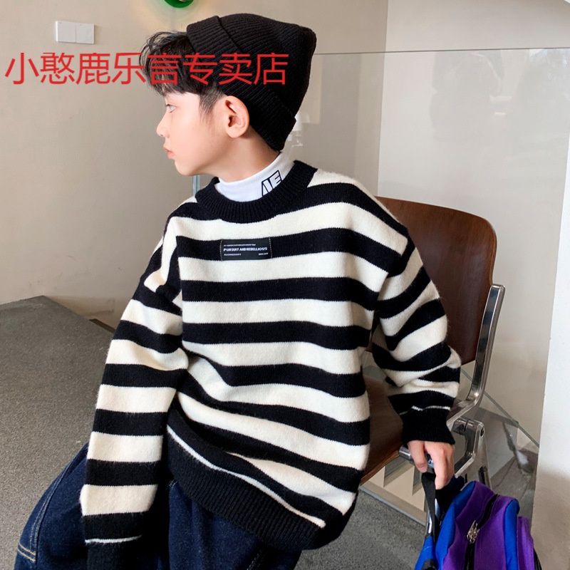 小憨鹿男童秋冬毛衣2021新款中大儿童装加厚针织衫男孩条纹打底衫冬装