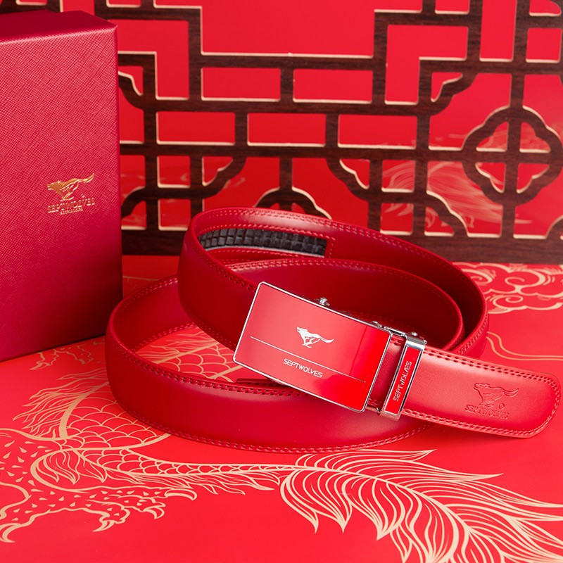 七匹狼本命年皮带2026新款马年男士真牛皮自动扣红腰带生日送爸爸送男友 吉祥鸿运丨中国红 120cm (120-125)