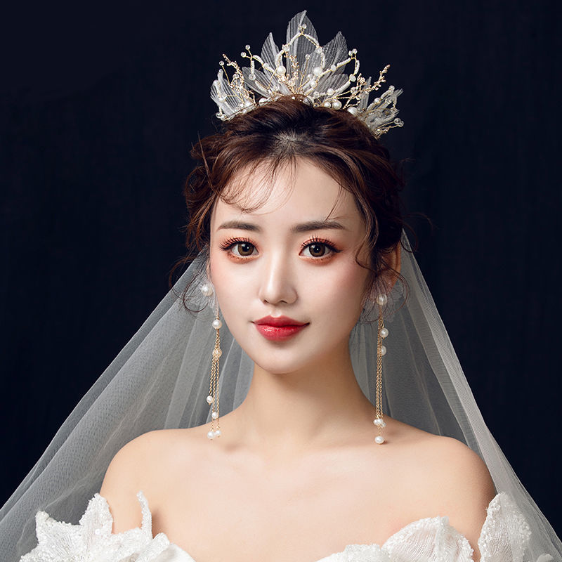 wishspace 韩式新娘皇冠头饰森系仙美发饰仙公主结婚圆冠耳环套装婚纱