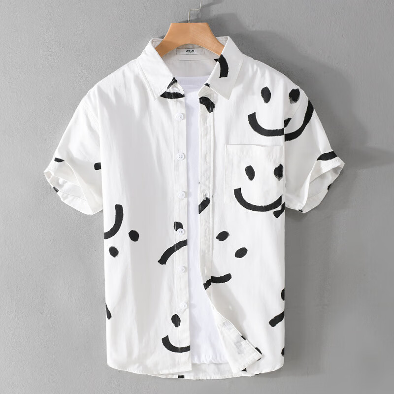 夏季纯棉笑脸短袖衬衫男简约百搭方领休闲外套时尚舒适衬衣男 白色 m