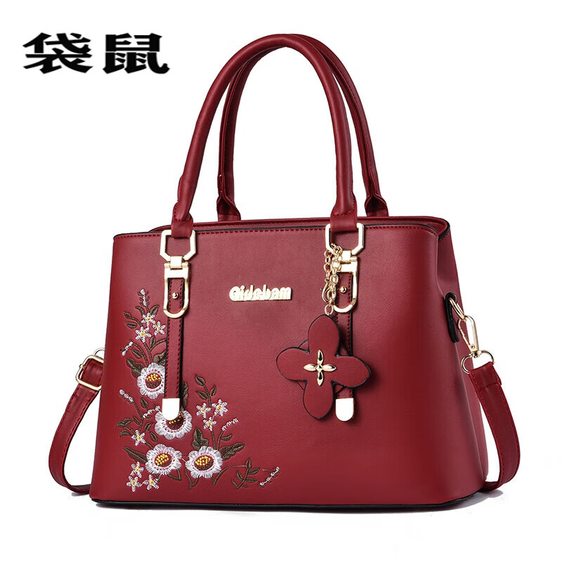 袋鼠包包女时尚女包韩版斜跨单肩手提包 酒红色