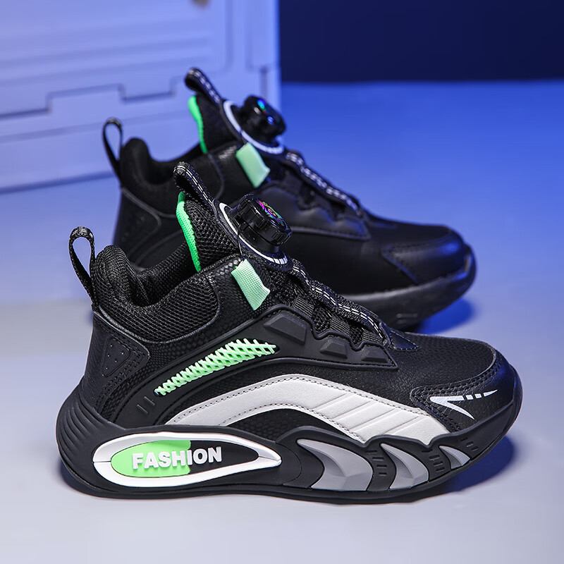 贝天熊男童鞋子秋冬加绒新款女童旋转纽扣透气革面儿童运动鞋儿童跑步鞋 BK111荧光绿【革面防水】 31 内长19.6/脚18.6