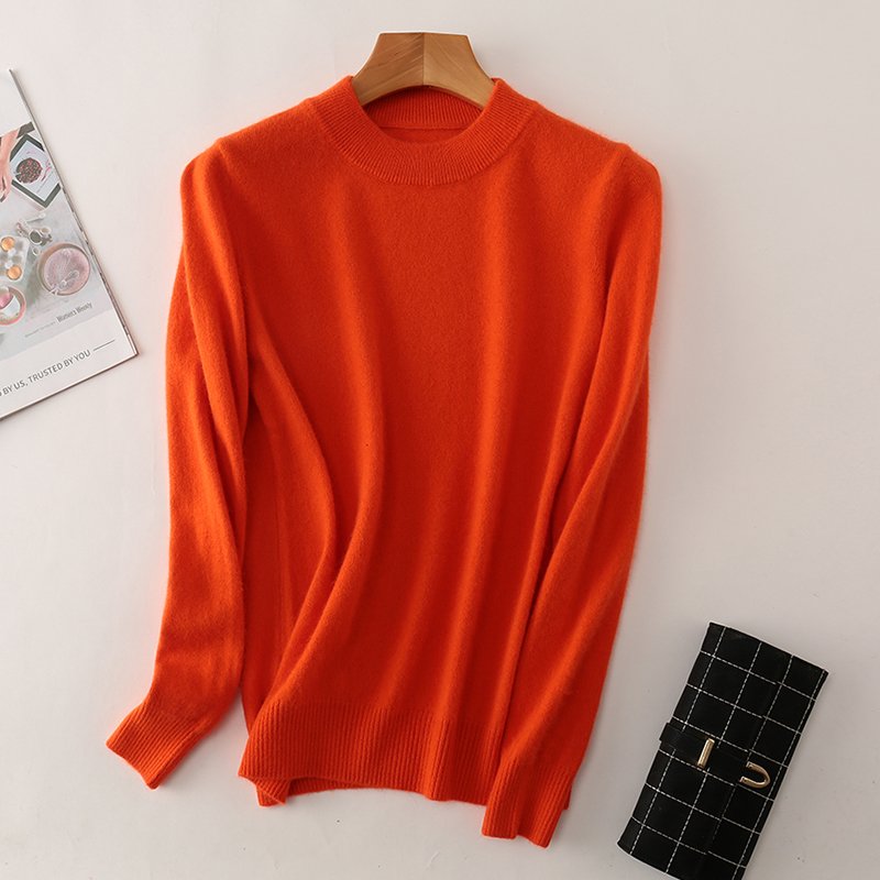 秋冬装半高领羊绒毛衣女套头宽松针织打底衫短款加厚保暖 橘黄色 s