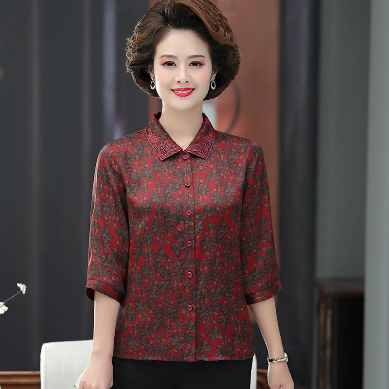 重磅夏天老年人桑蚕丝夏季女长袖真丝衣服女妈妈装缎面衬衫衬衣老人