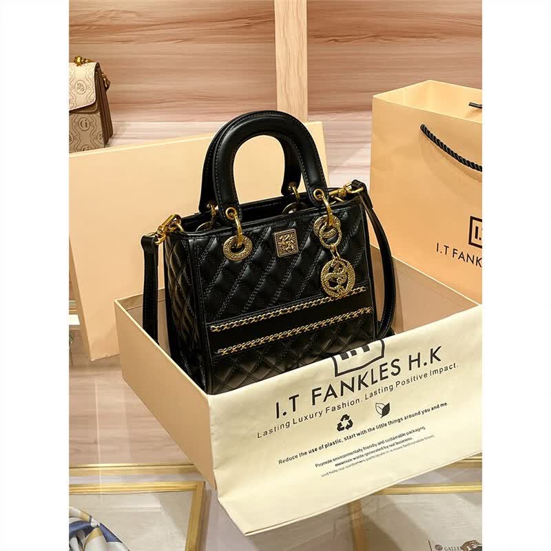 lvboying香港黑色菱格戴妃包女2024新款手提包休闲腋下包单肩斜跨包女