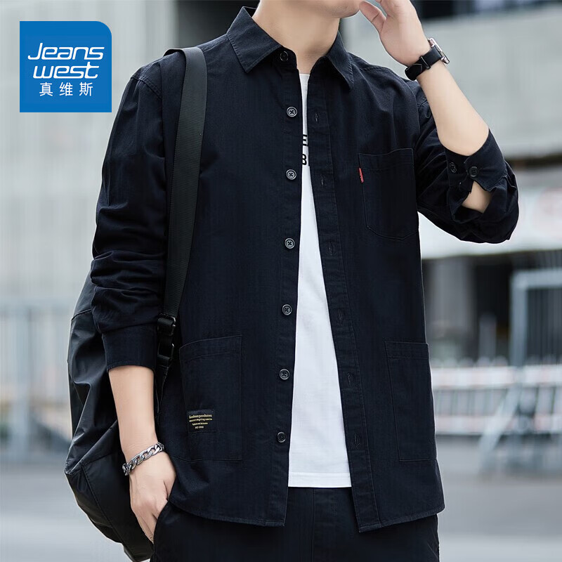 真维斯（Jeanswest）男士衬衫长袖纯棉秋季新款工装纯棉潮衬衣长袖男装休闲上衣外套男 黑色 M