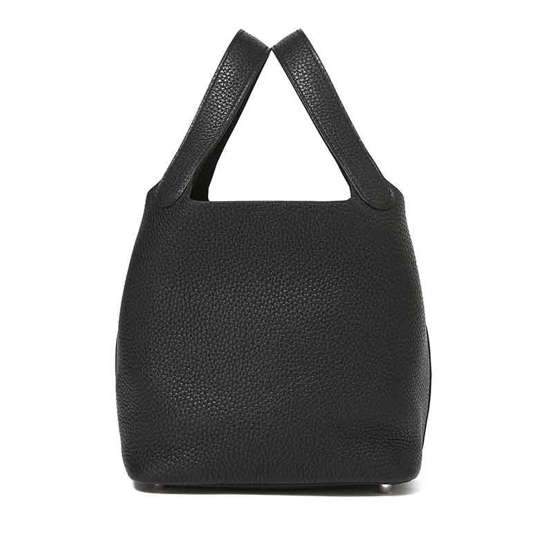 hermes/爱马仕菜篮子女包picotin22女士黑色皮质银扣小水桶手提包