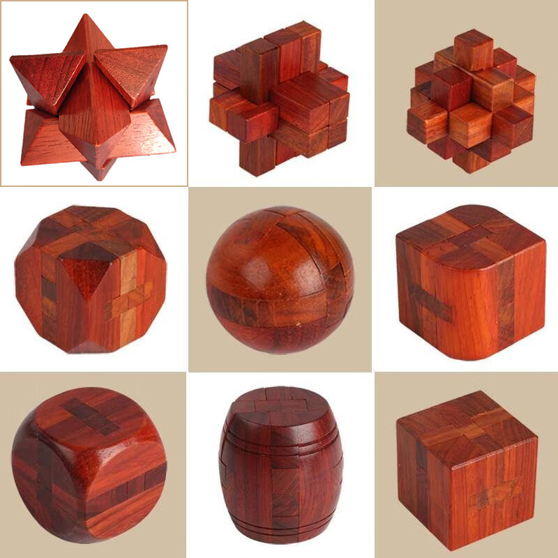 in)鲁班锁儿童实木孔明锁拆装智力解锁地摊礼品木制玩具 菠萝小九通