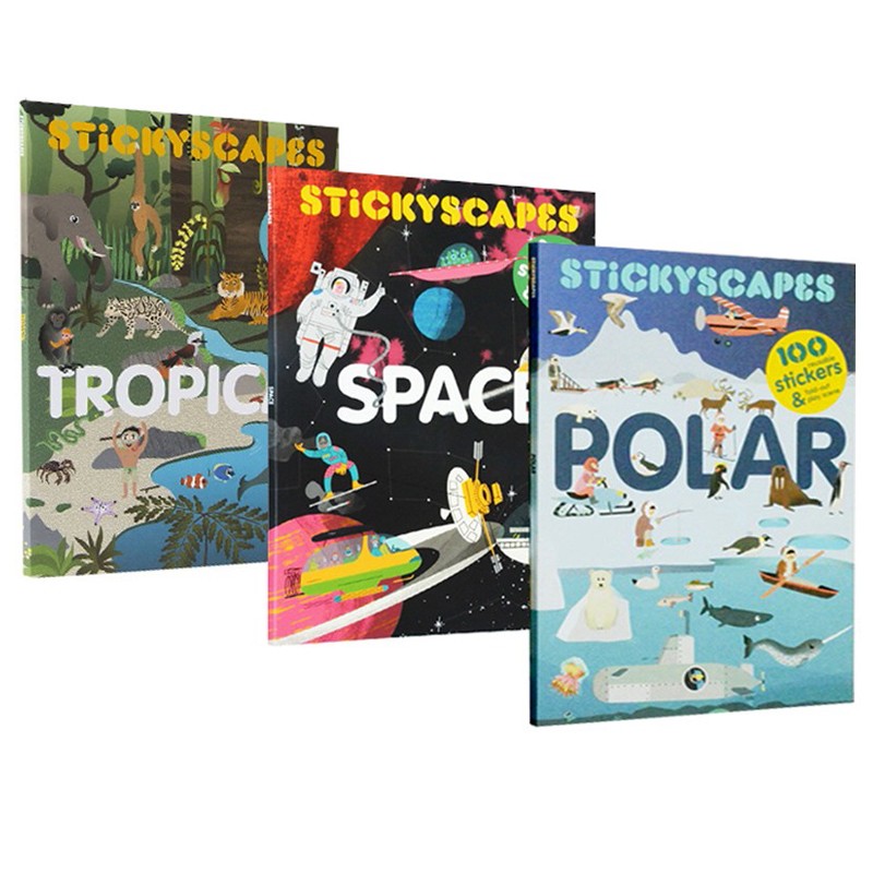 英文原版 Stickyscapes Space/Tropical/Polar 一公尺长卷 贴纸拉拉书 3册 STEM自然科学小学科普读物 .