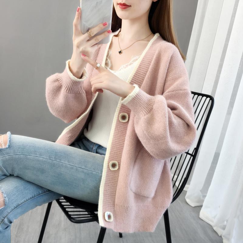 瑷优霏(aiyoufei)针织衫女开衫毛衣外套女宽松新款春秋冬韩版时尚洋气百搭气质外套 图片色大扣雪妮开衫 粉色 M 建议95-105斤左右