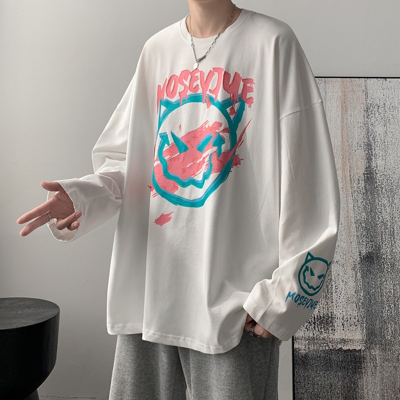 爵少长袖t恤男ins潮牌宽松美式涂鸦体衣服宽松版潮流打底衫小众设计感