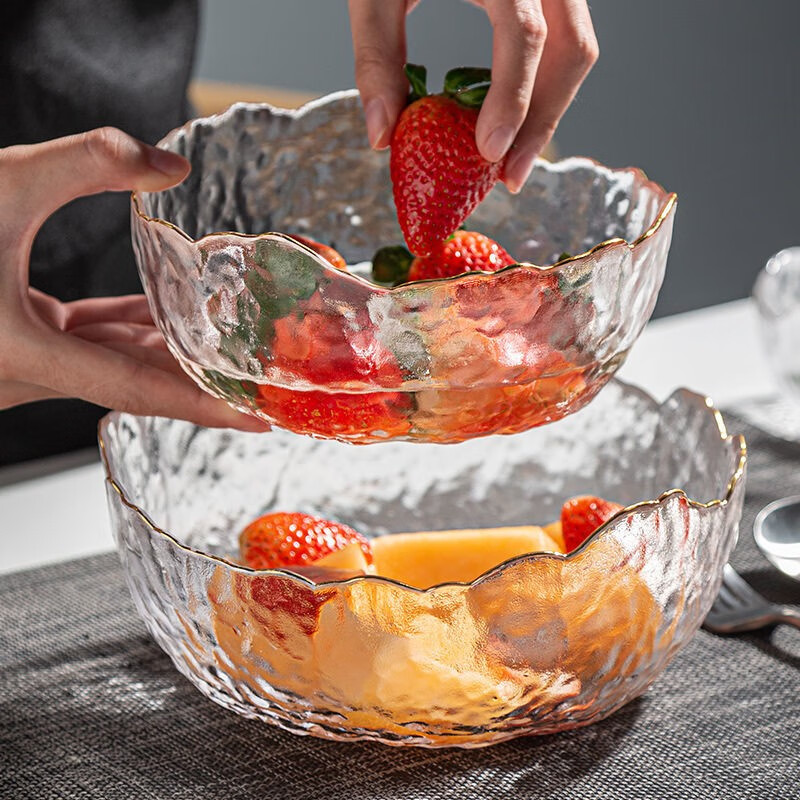 柚萝 金边玻璃碗透明水果盘网红蔬菜沙拉碗家用创意凉菜碗泡面碗具 透明碗大中小三件套