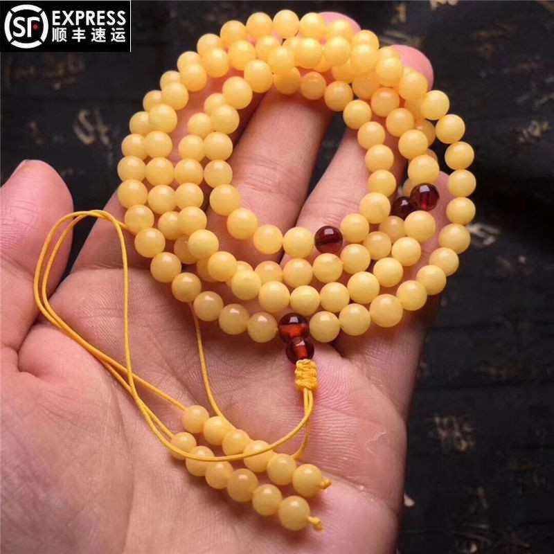 俄料满蜜蜡108颗佛珠多圈手串项链无烤无优化蜜蜡项链毛衣链 一条