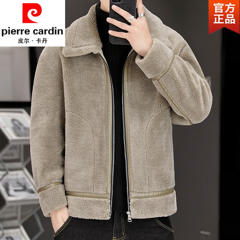 皮尔卡丹男装高端品牌秋冬季羊羔绒外套男士潮流皮毛一体加厚款保暖