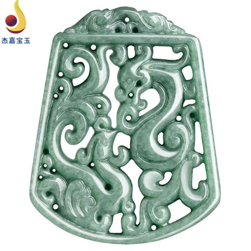 杰嘉宝玉原创【天生一对】a货翡翠豆绿镂空仿古龙凤呈祥龙凤牌吊坠