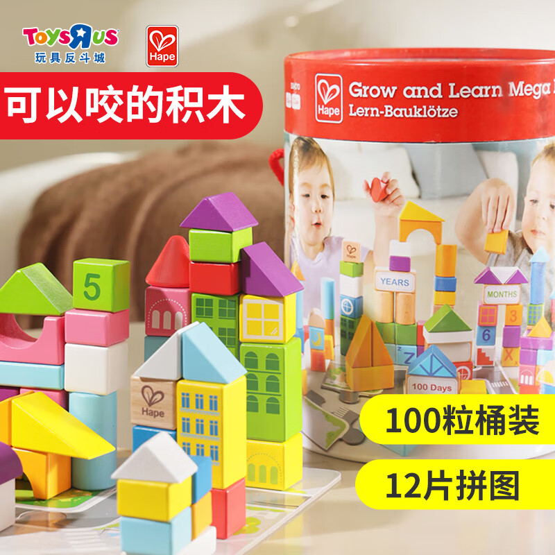 Hape100粒木制积木大颗粒桶字母数字启智拼装玩具1-2岁婴儿宝宝儿童 【桶装版】100粒情景学习积木属于什么档次？