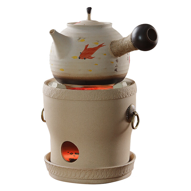 棉小城原矿无釉白泥工夫煮茶炉煮茶提梁壶套装复古烧水明火木炭炉 升级版电炭两用-素简炉+底座+大号素简提梁壶