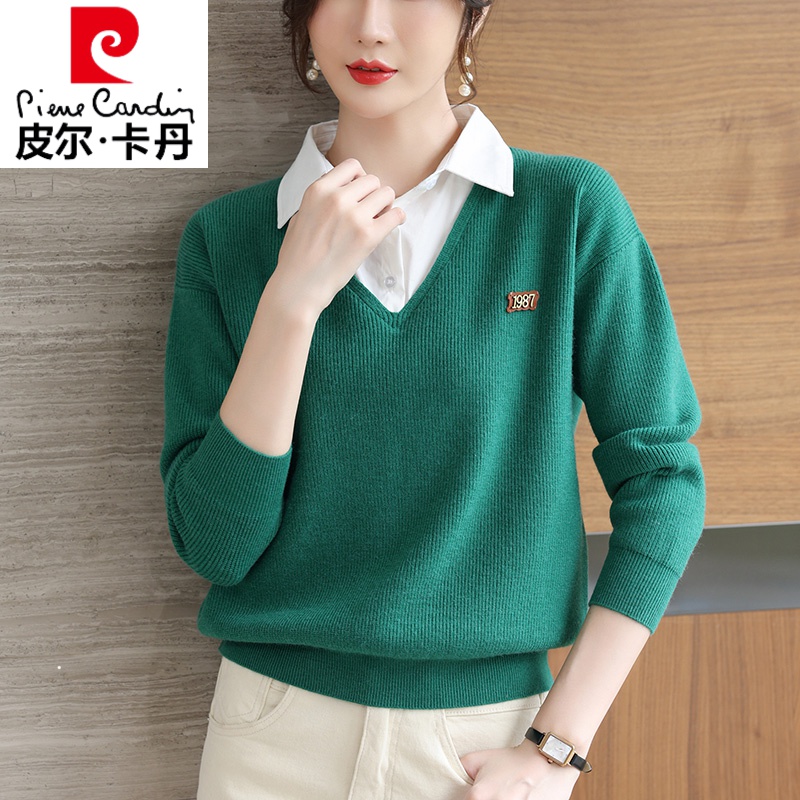皮尔卡丹品牌轻奢高档女装 羊毛衫女士毛衣衬衫领假两件秋秋季短款