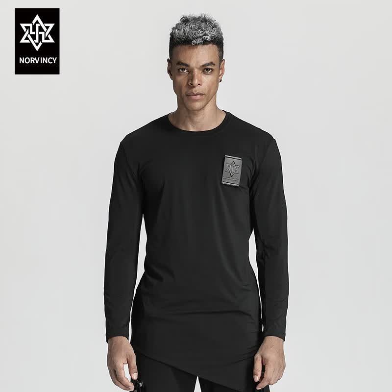 诺凡希 长袖打底衫男潮百搭运动时尚绣标弹力机能修身t恤春季新款