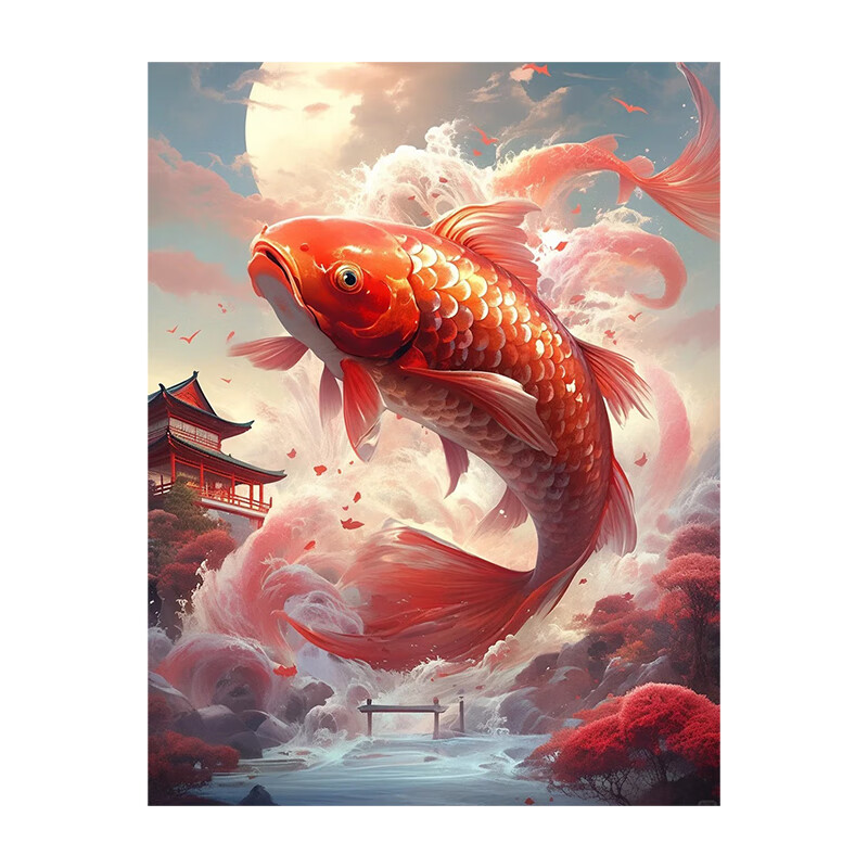 鱼跃龙门装饰画玄关手绘油画新中式客厅餐厅招财锦鲤红色鲤鱼挂画