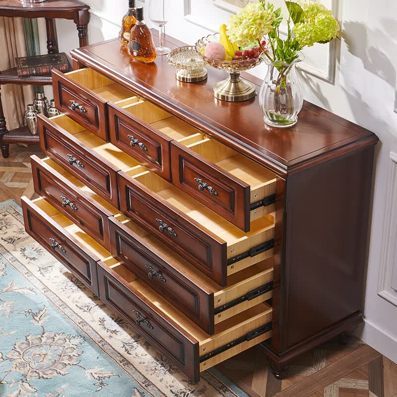 直销】九斗柜美式实木九斗卧室抽屉收纳现代 实木七斗柜【板栗色】