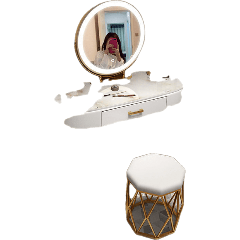 千番町 新款梳妆台轻奢卧室少女房间化妆桌子简约镜子化妆柜台网红化妆台小户型轻奢 80桌+柜子+智能镜+鸟巢凳